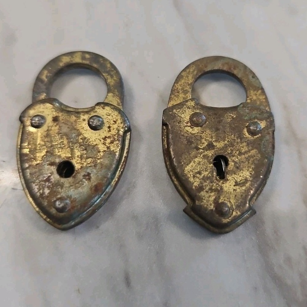 2 Tiny Vintage Heart Shaped Padlocks- Brass Plated and Brass, no key